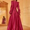 Plunging Neck Puff Sleeve Fold Pleated Satin Formal Dress -Curated Swimwear 16867586112d398ec52d71e0ef9d8af7e985a69a03 thumbnail 405x552