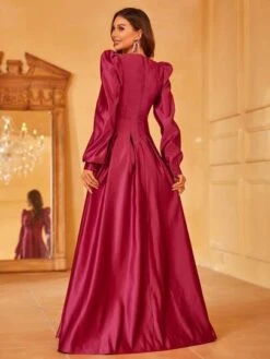Plunging Neck Puff Sleeve Fold Pleated Satin Formal Dress