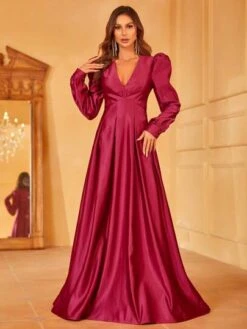 Plunging Neck Puff Sleeve Fold Pleated Satin Formal Dress -Curated Swimwear 168675861677c4e7fa3dac7166c34cf9d14fe931e3 thumbnail 405x552