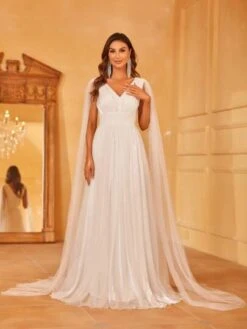 Contrast Mesh Overlay Wedding Dress With Cape -Curated Swimwear 16867586426dbe66998ed6d19ea69e8e7dccfce77e thumbnail 405x552
