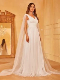 Contrast Mesh Overlay Wedding Dress With Cape -Curated Swimwear 16867586474d88447988fd6172f297085797c73419 thumbnail 405x552