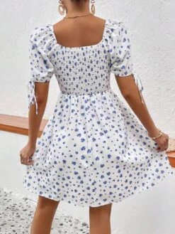 SHEIN VCAY Ditsy Floral Print Knot Cuff Puff Sleeve Dress