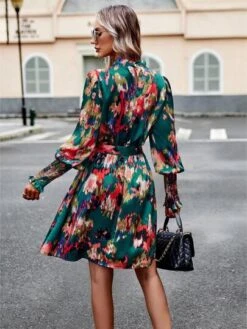 SHEIN VCAY Allover Print Shirred Cuff Lantern Sleeve Belted Dress