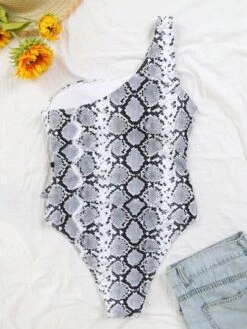 Snakeskin Print One Shoulder One Piece Swimsuit