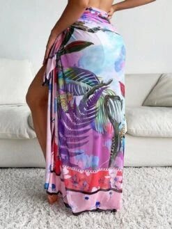 Tropical Print Knot Side Cover Up Skirt