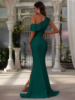 Asymmetrical Neck Wrap Hem Satin Party Dress