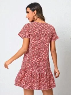 EMERY ROSE Ditsy Floral Print Button Front Ruffle Hem Smock Dress