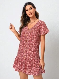EMERY ROSE Ditsy Floral Print Button Front Ruffle Hem Smock Dress -Curated Swimwear 1687773061fca8cbf407a89389d94aaaf18465f8b3 thumbnail 405x552