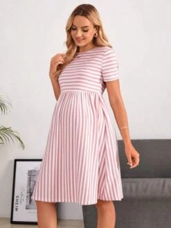 SHEIN Maternity Striped Print Button Detail Dress -Curated Swimwear 16878322227507c10dc7717464e2c1af50a4af3d27 thumbnail 405x552