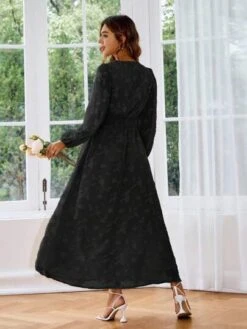 Simplee Jacquard Lantern Sleeve A-Line Dress