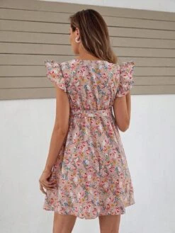 SHEIN Maternity Allover Floral Print Ruffle Trim Belted Dress