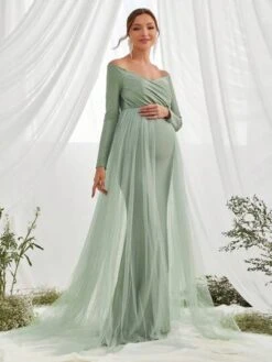 Maternity Off Shoulder Mesh Overlay Dress -Curated Swimwear 1688487079b0eaeedbe84b8a1235896de81517b8d6 thumbnail 405x552
