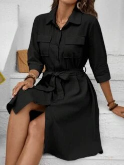 SHEIN LUNE Flap Pocket Belted Shirt Dress -Curated Swimwear 1688539678900c4abb84b62bed1c14baeed8d01af1 thumbnail 405x552