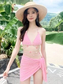 Floral Flocked Bikini Set Flower Beaded Halter Triangle Bra & Tie Side Bottom & Beach Skirt 3 Piece Bathing Suit -Curated Swimwear 168895320814ab5e59d6f4f4d3d1539408046c7fe3 thumbnail 405x552