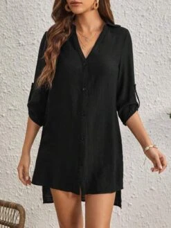 SHEIN VCAY Solid Button Front Kimono Without Bra -Curated Swimwear 16889734782778be02dbdd4a0f5b9d1283cbc52c2d thumbnail 405x552