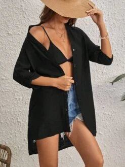 SHEIN VCAY Solid Button Front Kimono Without Bra -Curated Swimwear 1688973481f2b313998b0c8596c93c729b6cb3c73a thumbnail 405x552
