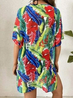 Tropical Print V Neck Batwing Sleeve Knot Front Cover Up Dress