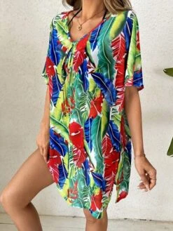 Tropical Print V Neck Batwing Sleeve Knot Front Cover Up Dress -Curated Swimwear 16890413885e1e83075f4bd63f957242a51302374f thumbnail 405x552