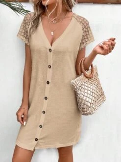 SHEIN Frenchy Contrast Lace Raglan Sleeve Button Front Dress -Curated Swimwear 1689054631b54670e10a5859420fdf2a42200a31d2 thumbnail 405x552