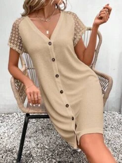 SHEIN Frenchy Contrast Lace Raglan Sleeve Button Front Dress -Curated Swimwear 168905463822d1ed7513b84297e0773f09f4728851 thumbnail 405x552