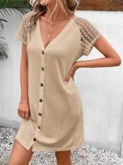SHEIN Frenchy Contrast Lace Raglan Sleeve Button Front Dress -Curated Swimwear 1689054641baa5cef4e30e453a66beaec5debd0510 thumbnail 405x552