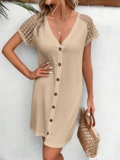 SHEIN Frenchy Contrast Lace Raglan Sleeve Button Front Dress -Curated Swimwear 16890546457352e45f1a90f73a6a105d12c97f757a thumbnail 405x552