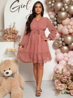 SHEIN Maternity Button Front Ruffle Hem Swiss Dot Dress -Curated Swimwear 1689083017e8c73ae586e9df29aa1a291c72e4c195 thumbnail 405x552