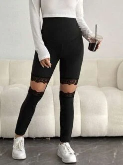 SHEIN Maternity Adjustable Waist Contrast Lace Cutout Leggings -Curated Swimwear 168915410327f00c757b45963fd1f4ec9e8539551e thumbnail 405x552