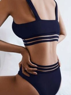 Solid Contrast Mesh Bikini Swimsuit