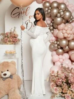 SHEIN Maternity Off Shoulder Foldover Front Floor Length Dress