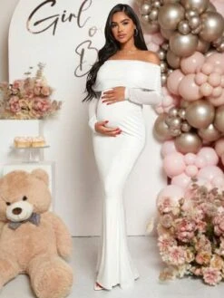 SHEIN Maternity Off Shoulder Foldover Front Floor Length Dress -Curated Swimwear 168932976232776304e1066caeb6512cccee2843bc thumbnail 405x552