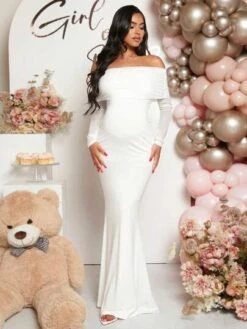 SHEIN Maternity Off Shoulder Foldover Front Floor Length Dress -Curated Swimwear 1689329766a4feb37b5b5b53898f6ea2f5563a0d66 thumbnail 405x552