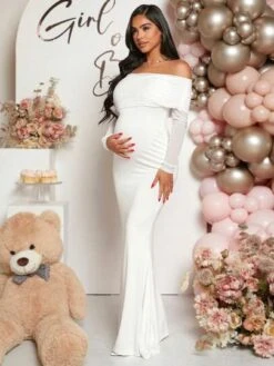 SHEIN Maternity Off Shoulder Foldover Front Floor Length Dress -Curated Swimwear 16893297688053e6c3e74016aa4bb555331824e078 thumbnail 405x552