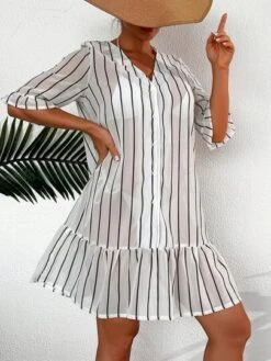 SHEIN Striped Print Flounce Sleeve Ruffle Hem Cover Up Dress -Curated Swimwear 1689564102f35d614c84a03710f7244af1fed3bb3d thumbnail 405x552