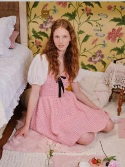 SHEIN MOD Plaid Print Puff Sleeve Bow Front Dress