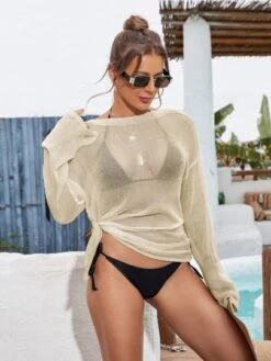 Drawstring Side Drop Shoulder Sun Protection Cover Up Top -Curated Swimwear 16897487829819fb1857da56def4c95ab03b9b6944 thumbnail 405x552