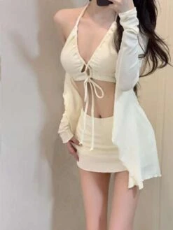 Women's Swimsuit 2023 New Split Anti-Uv Long-Sleeved Cover-Up, Sexy Pure Color, Halter Bikini, Beach Wear, White