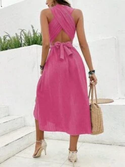 SHEIN VCAY Solid Criss Cross Tie Backless Dress
