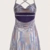 SHEIN ICON Holographic Draped Collar Crisscross Backless Cami Dress -Curated Swimwear 1690165590a2a788aa599c4677f652e2978241aecd thumbnail 405x552