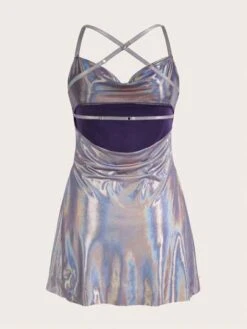 SHEIN ICON Holographic Draped Collar Crisscross Backless Cami Dress