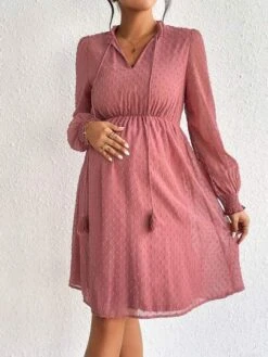 SHEIN Maternity Swiss Dot Tassel Tie Neck Lantern Sleeve Dress -Curated Swimwear 1690188222edffd29456977fec1bde2d44e4182570 thumbnail 405x552