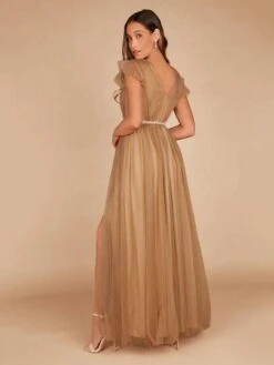 SHEIN Belle Ruffle Trim Split Thigh Mesh Belted Dress