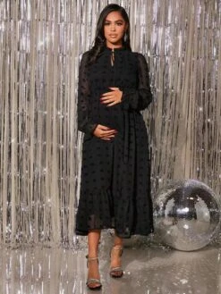 SHEIN Maternity Swiss Dot Tie Neck Flounce Sleeve Ruffle Hem Dress -Curated Swimwear 1690365298312618855efeb1f216234d2775bdaef5 thumbnail 405x552