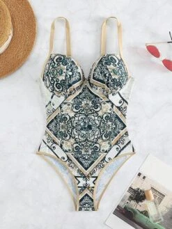 Baroque Print Push Up One Piece Swimsuit