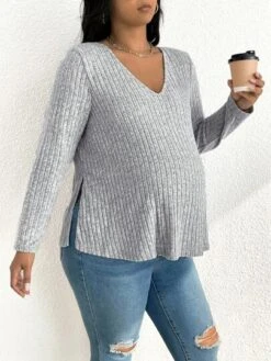 SHEIN Maternity Plus Ribbed Knit Split Hem Tee -Curated Swimwear 1690424825145b4dc065f60dd6474de8b2bd1958d8 thumbnail 405x552