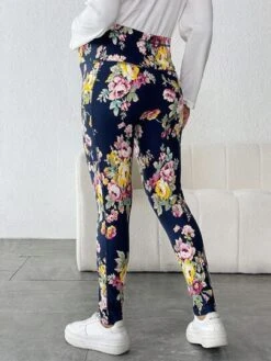 SHEIN Maternity Floral Print Adjustable Waist Leggings With Phone Pocket