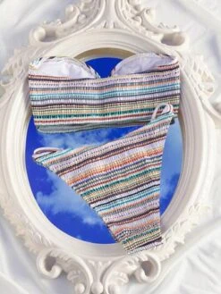 Striped Ring Linked Bandeau Bikini Swimsuit