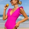 Bikinx Solid Color Splicing Ruffle & V-neck & Backless Monokini Swimsuit -Curated Swimwear 16905214527afcc0957674a31fc070107cce20124f thumbnail 405x552