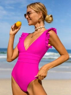 Bikinx Solid Color Splicing Ruffle & V-neck & Backless Monokini Swimsuit