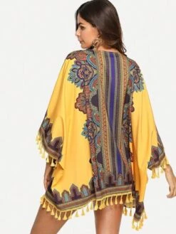 Floral Print Tassel Trim Kimono